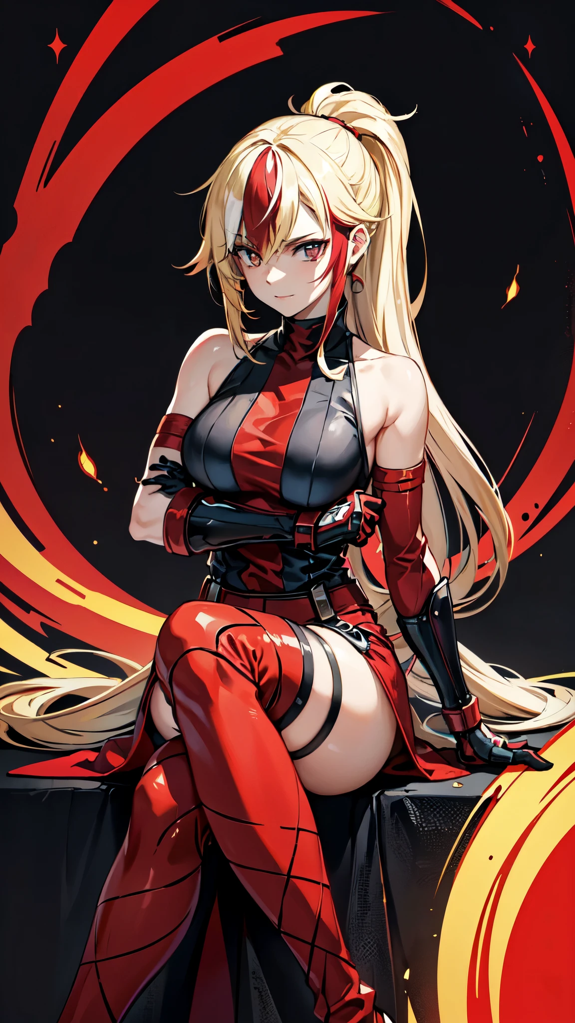 (masterpiece, best quality:1.2), red glowing eyes, red eyes, the eyes are red, perfect face, strong make up, highres, 1 girl, ultra long ponytail, (female:1.5), strife, blonde hair streaked with lots of red highlights, two colors hair (blond and red), hight flame mistress outfit, shoulder armor, sleeveless turtleneck, suspenders, belt, gloves, bracer pre potent smile, crossing legs, crossing arms , evil smile, evil pose, sitting, portrait, looking at viewer,  Her hair is streaked with lots red and blonde highlights, moon tribal tattoo.