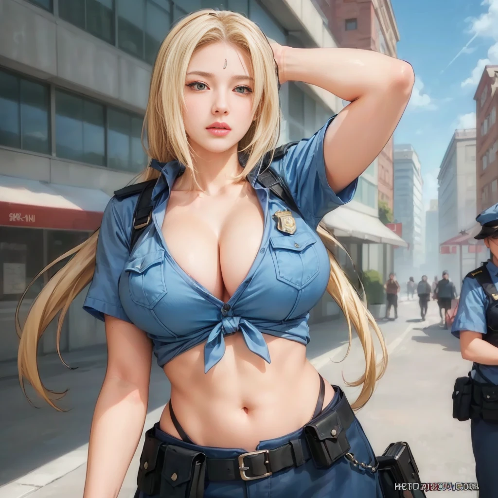 (RAW photo:1.2), ((photorealistic:1.4),(masterpiece:1.3),(best quality:1.4),ultra high res,(detailed facial features),(detailed body features),HDR,8k resolution, 1 girl, blush, blonde hair, 8k, ultra high details, perfect nose, cinematic lighting, perfect body, sexy police uniform