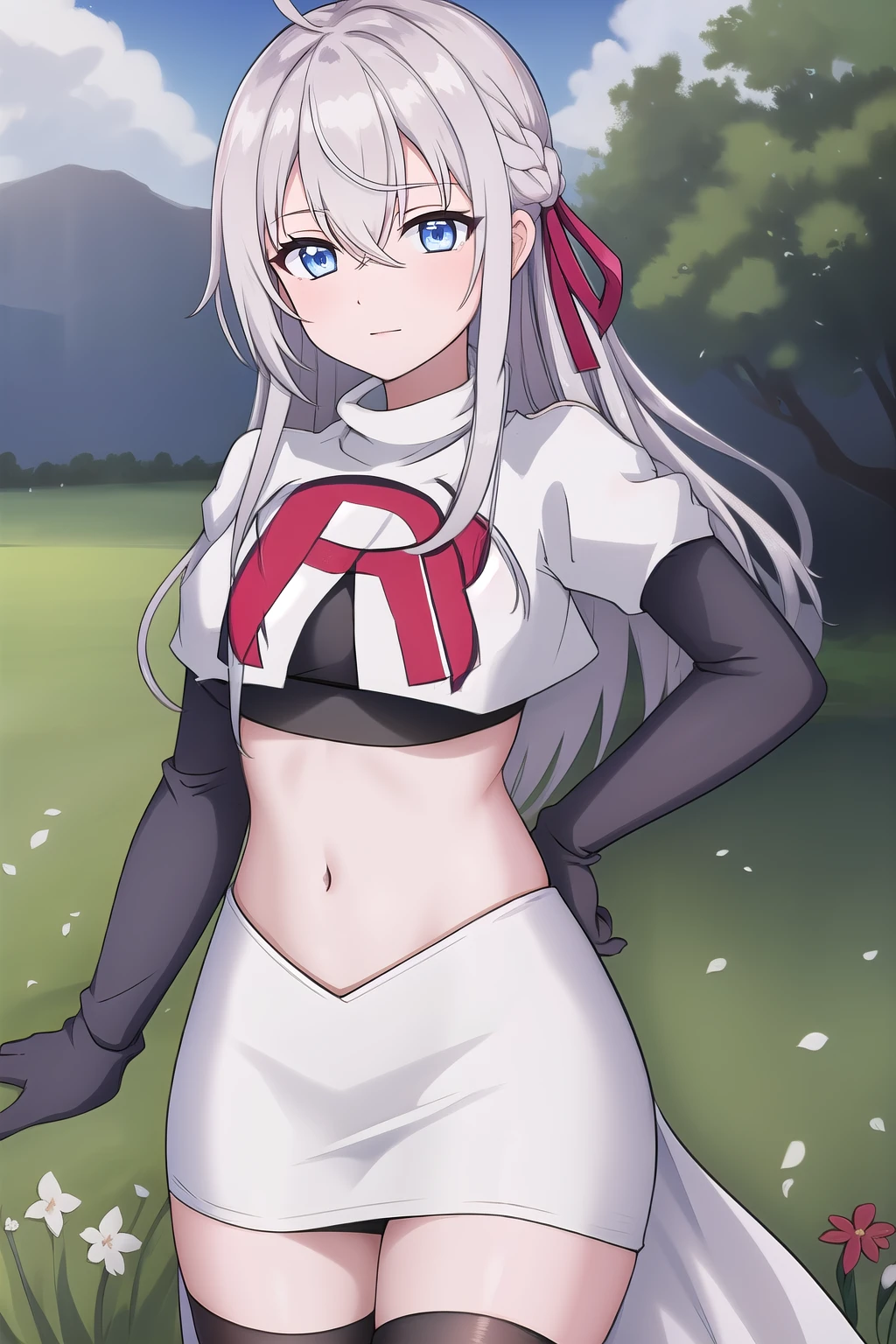 alisa,1girl,solo,long_hair,looking_at_viewer,bangs,blue_eyes,hair_between_eyes,hair_ribbon,ahoge,grey_hair,team rocket,team rocket uniform,white skirt,red letter R,crop top,black thigh-highs,black elbow gloves,flower_field