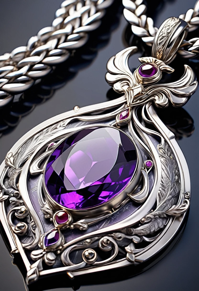 masterpiece, 8k, best quality, highly detailed, an amulet made of pure silver with a single dark purple gem