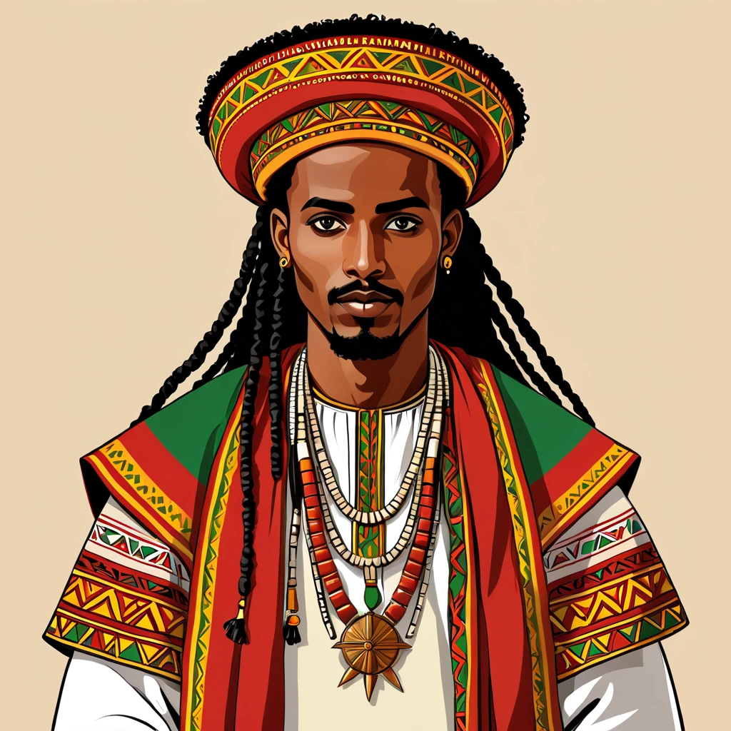 man in ethiopean folk outfit, vector graphics, strong contours