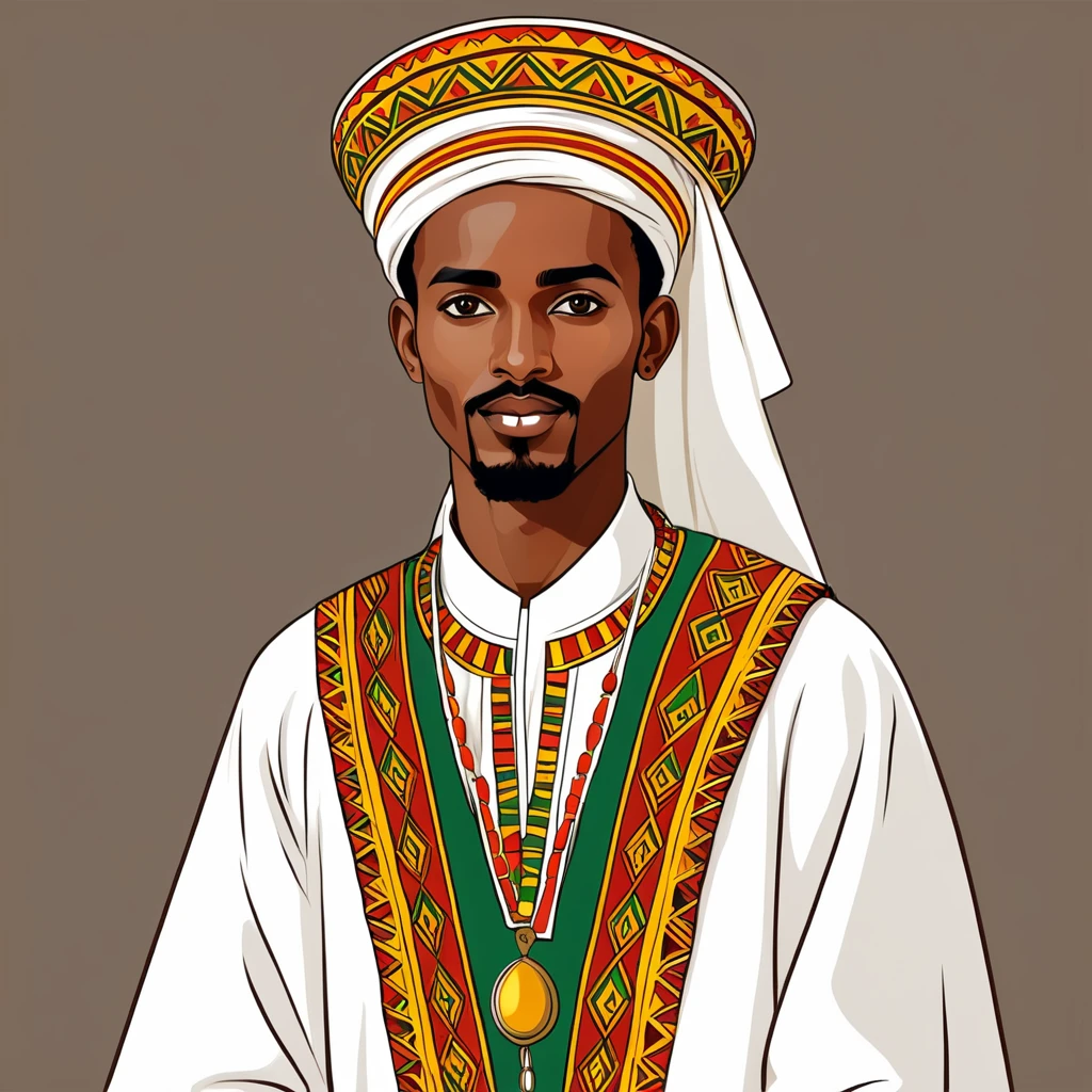 man in ethiopean folk outfit, vector graphics, strong contours