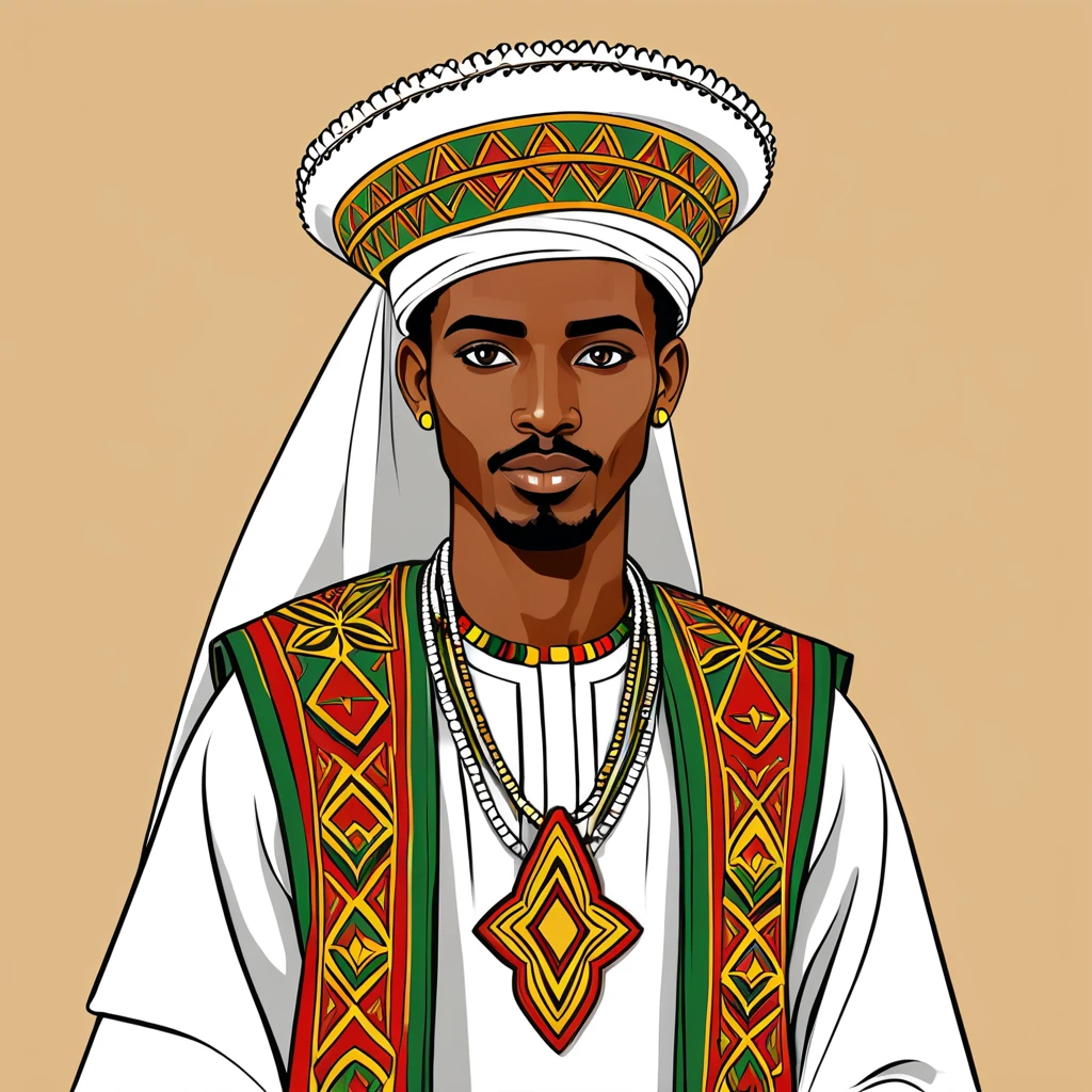man in ethiopean folk outfit, vector graphics, strong contours