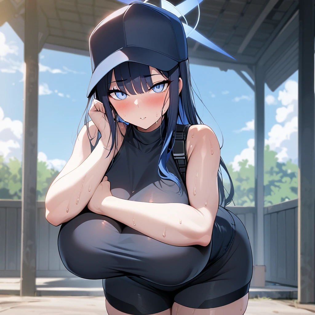 saori(blue archive),1girl,solo,blush,cool eyes,cap,sleeveless,bare shoulders,super huge breasts,looking at viewer,sweat,Gestures of wiping sweat from the body with the hands,near,standing up,daytime,Outside.