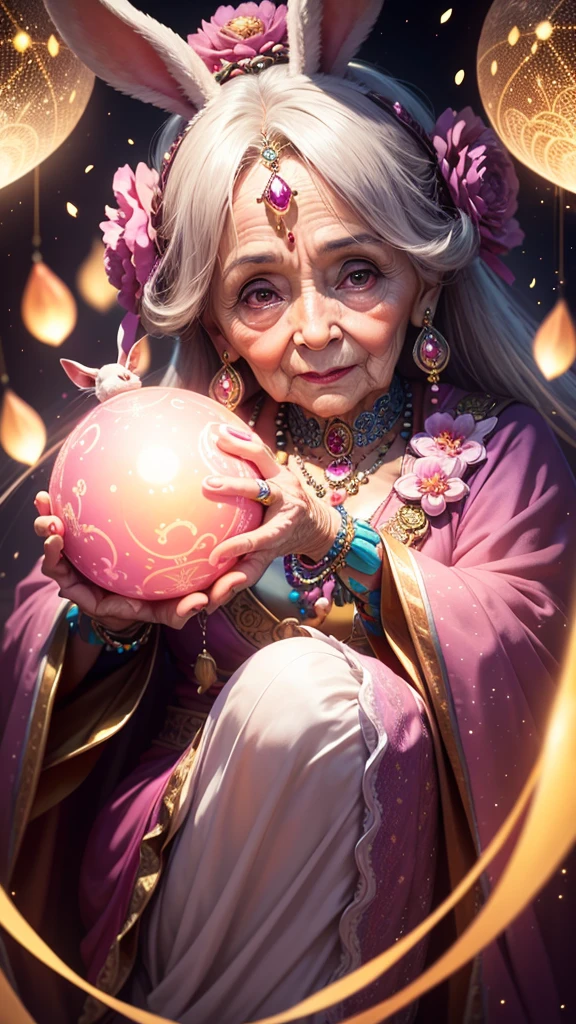 A shining old lady adorned with various jewels,The rabbit is holding a large ball,Staring straight into the camera, in the center,Very bright color, Light Particles, The light shines, Musibu, Wallpaper Art, UHD wallpaper,Background pink、Divination for meditation、Mysterious