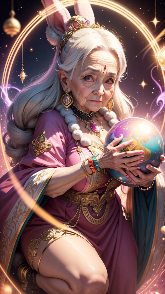 A shining old lady adorned with various jewels，The rabbit is holding a large ball，Staring straight into the camera， in the center，Very bright color, Light Particles, The light shines, Musibu, Wallpaper Art, UHD wallpaper,Background pink、Divination for meditation、Mysterious