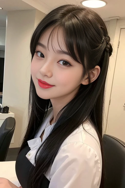 1 korean girl, big breasts, strikingly beautiful, delicate facial features, expressive eyes, black hair, red lips, A woman working at a korean beauty salon is smiling at the reception desk. view me, dressed in hotel uniform, put her bangs back up and tied them up, single hair bun,