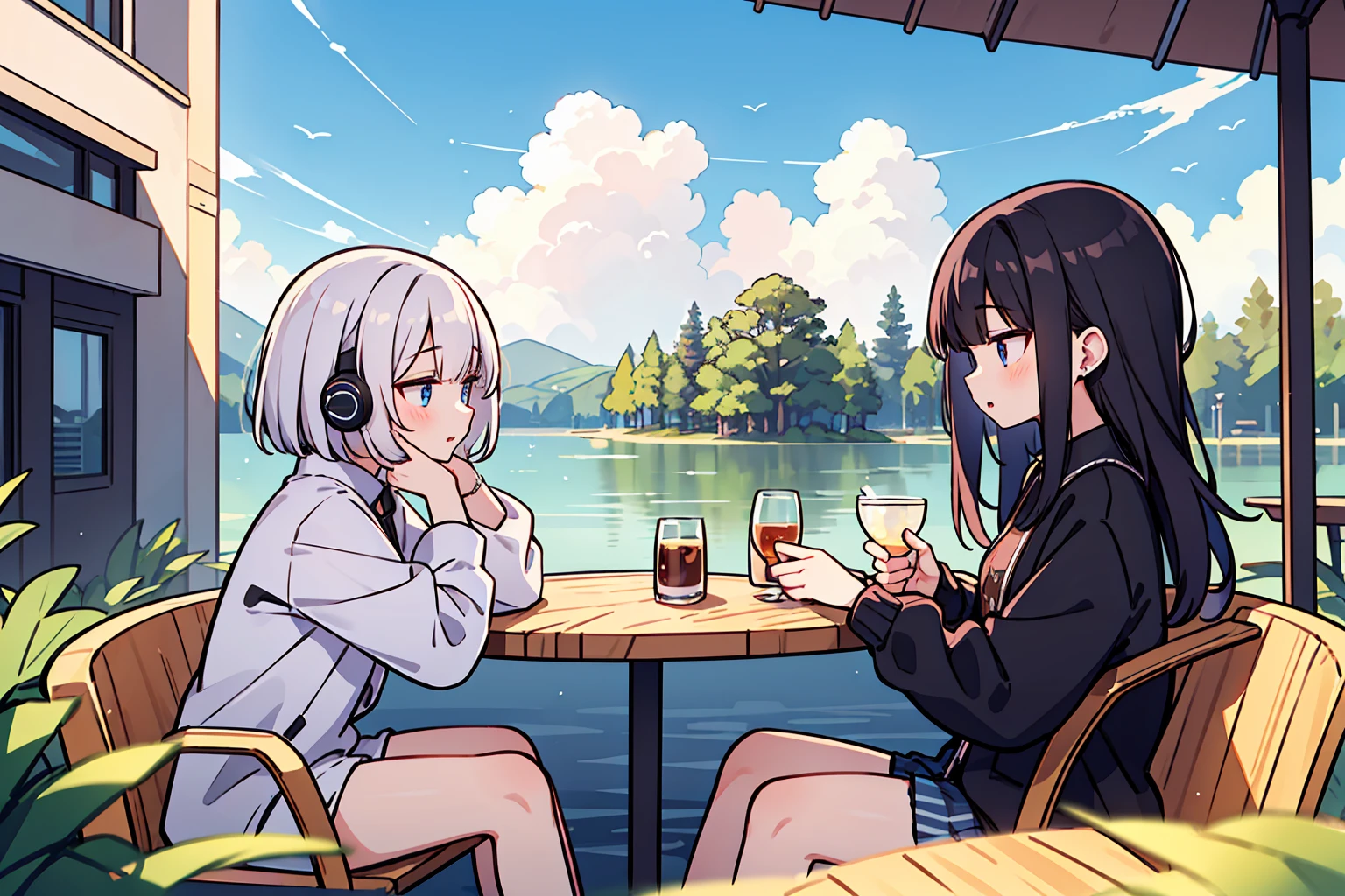 (masterpiece, best quality),18 years old, 2 women, black long hair,golden bob, different faces, modern design cafe,outdoors, stylish outfit, chapped lips, cloud, sunlight, casual attire,sony headset, whole body, from the side, study at the table,My eyes are on the note, stylish outfit, The interior has a very hip design.

