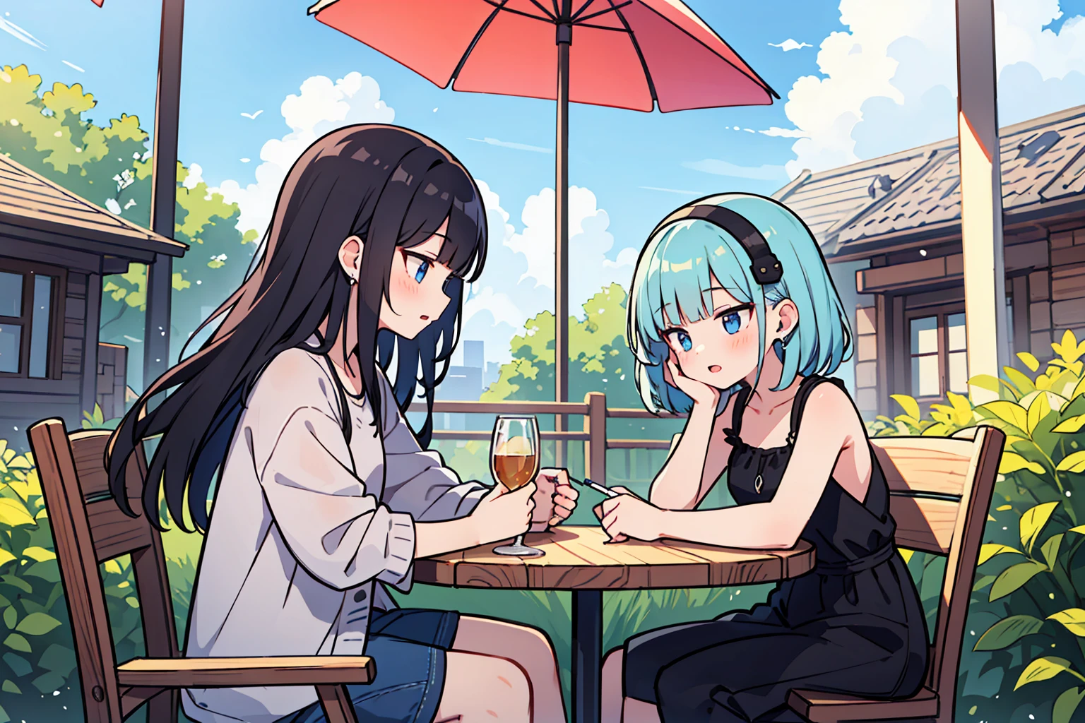 (masterpiece, best quality),18 years old, 2 women, black long hair,golden bob, different faces, modern design cafe,outdoors, stylish outfit, chapped lips, cloud, sunlight, casual attire,sony headset, whole body, from the side, study at the table,My eyes are on the note, stylish outfit, The interior has a very hip design.