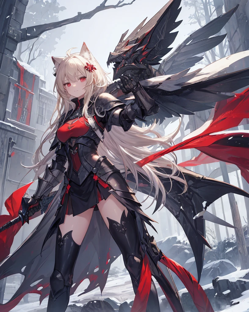 masterpiece, 1girl, sparrow, a blonde haired nekogirl, cat ears, wearing a black medieval armored knight, intricate dragon plated black and red armor, long white hair, messy hair, slim body, wearing knight clothes, shirt ornament, smile powerful expression, red eyes, stand at snowy forest, ahoge, grey vest, shawl, full armor, beautiful eyes,  handsome, bare thighs. 
Powerful aura, powerful pose, scenery,dynamic.
Stockings. Bare neckline, medium breast, portrait. One black feather Wing. 