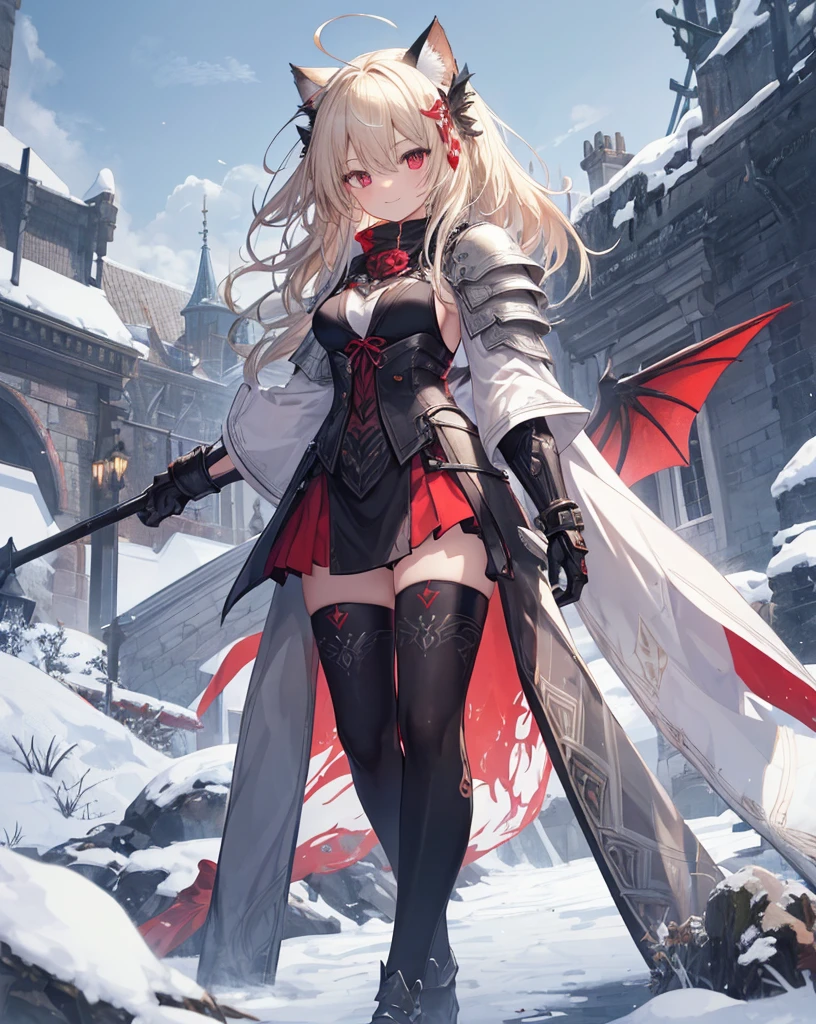 masterpiece, 1girl, sparrow, a blonde haired nekogirl, cat ears, wearing a black medieval armored knight, intricate dragon plated black and red armor, long white hair, messy hair, slim body, wearing knight clothes, shirt ornament, smile powerful expression, red eyes, stand at snowy forest, ahoge, grey vest, shawl, full armor, beautiful eyes, handsome, bare thighs.
Powerful aura, powerful pose, scenery,dynamic.
Stockings. Bare neckline, medium breast, portrait. One black feather Wing.