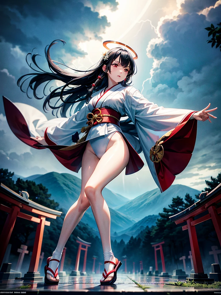 Highest Resolution,Highest quality,A beautiful girl with no expression in a white kimono leotard,(((No legs))),High leg,Floating in the air,Very beautiful red eyes,Black hair semi-long hair,Halo,thunderstorm,Bad weather,Japanese Cemeteries,A road lined with gravestones,１Two Red Torii Gates,Company,Bamboo grove,lightning,Lightning strikes,whole body,up,front,