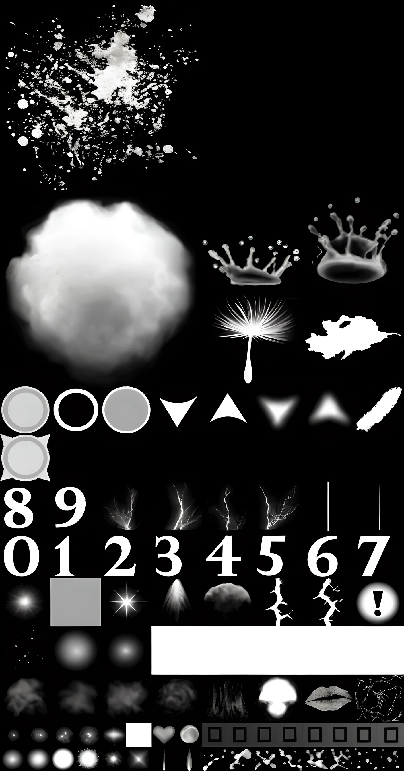 particle alpha mask. game fx, best quality, a bunch of different types of black and white photoshoppedped, Super detail of each object, Rarefied floating particles, photoshopped brush, Lots of elements, photoshopped, variety of shapes and textures, flying Dust particles, ambient occlusion, cloud-emitting spores, detailed lighting and thunder, floating Dust particles, Volumetric forms, Dust particles, mostly shades of gray, Dust and particles