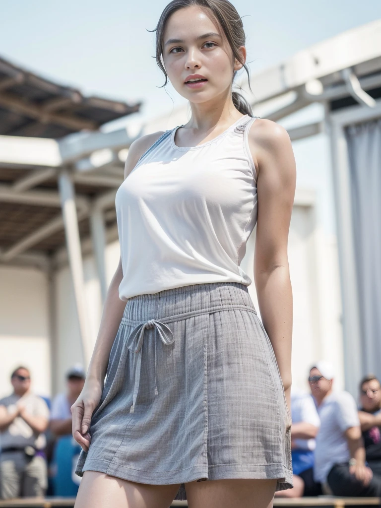 1girl, solo, standing, outdoors, detailed face, detailed eyes, medium breasts, smooth skin, tight white shirt, grey blue short skirt, looking at the audience, (8k, RAW photo, best quality, masterpiece: 1.2), (realistic, realistic: 1.37), ultra-high resolution