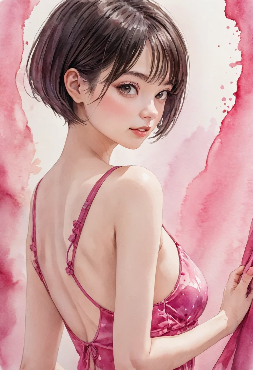(((8K quality, intense watercolour, detailed watercolour, watercolour splashes, surreal))), 1girl, portrait, medium long shot, blur, natural light, camera-eye view, masterpiece, accurate, anatomically correct, skin texture, side lighting, reflector used, f/1.8, 40mm, Fujifilm XT3,. Regina Display, Super detail, High detail, High quality, Best quality, Short hair, Shocking pink sexy lingerie, Big bob, (back arm:1.5 )
