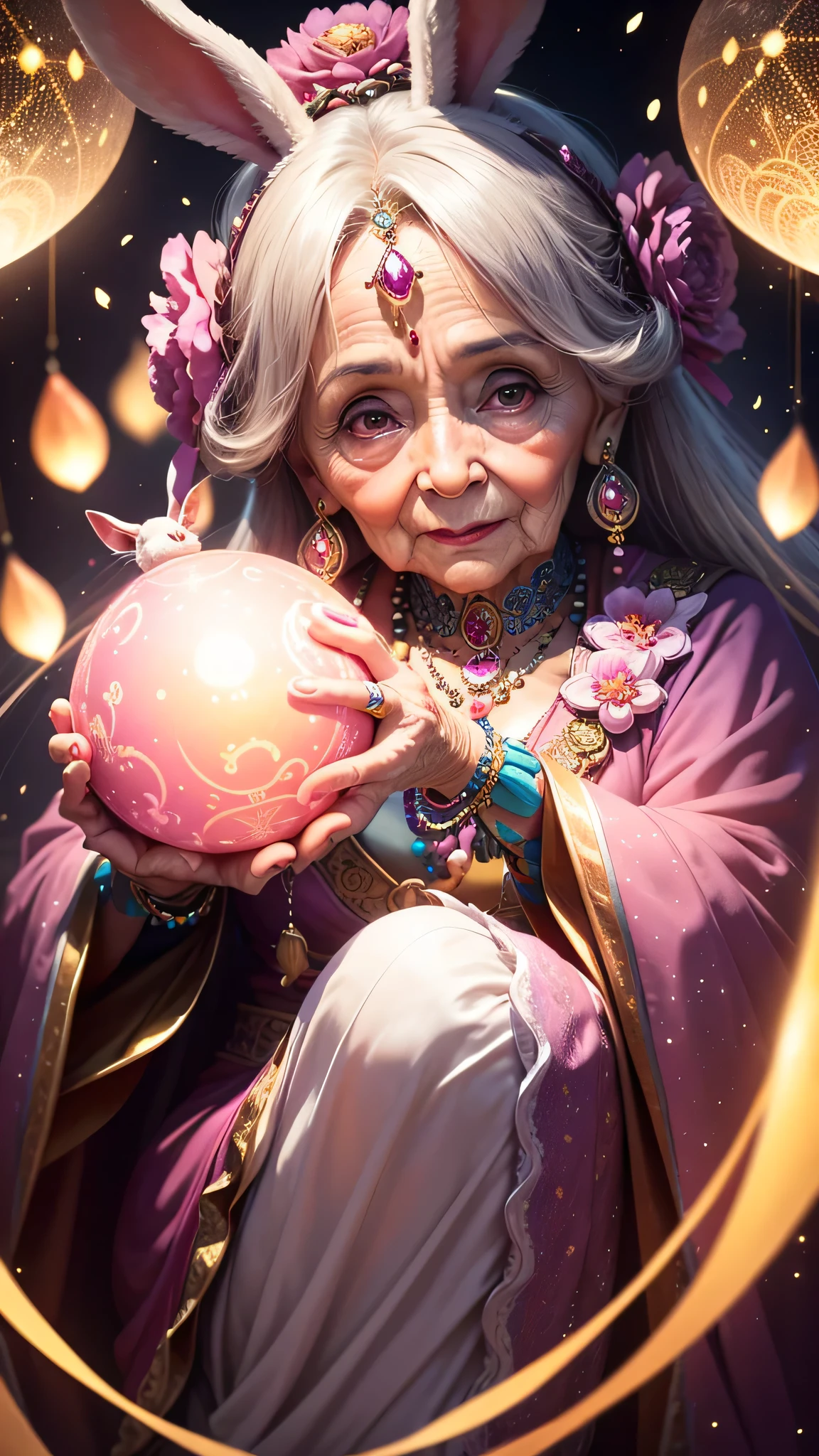 A shining old lady adorned with various jewels，The rabbit is holding a large ball，Staring straight into the camera， in the center，Very bright color, Light Particles, The light shines, Musibu, Wallpaper Art, UHD wallpaper,Background pink、Divination for meditation、Mysterious