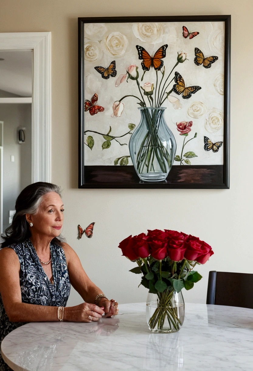 a smaller white with a butterfly print on the flower vase sits on a dining room table. There is a woman in her 40's adoring the one rose in the vase. The vase is white but also has a butterfly art on it. There is a man also in the dinning room. The room is modern