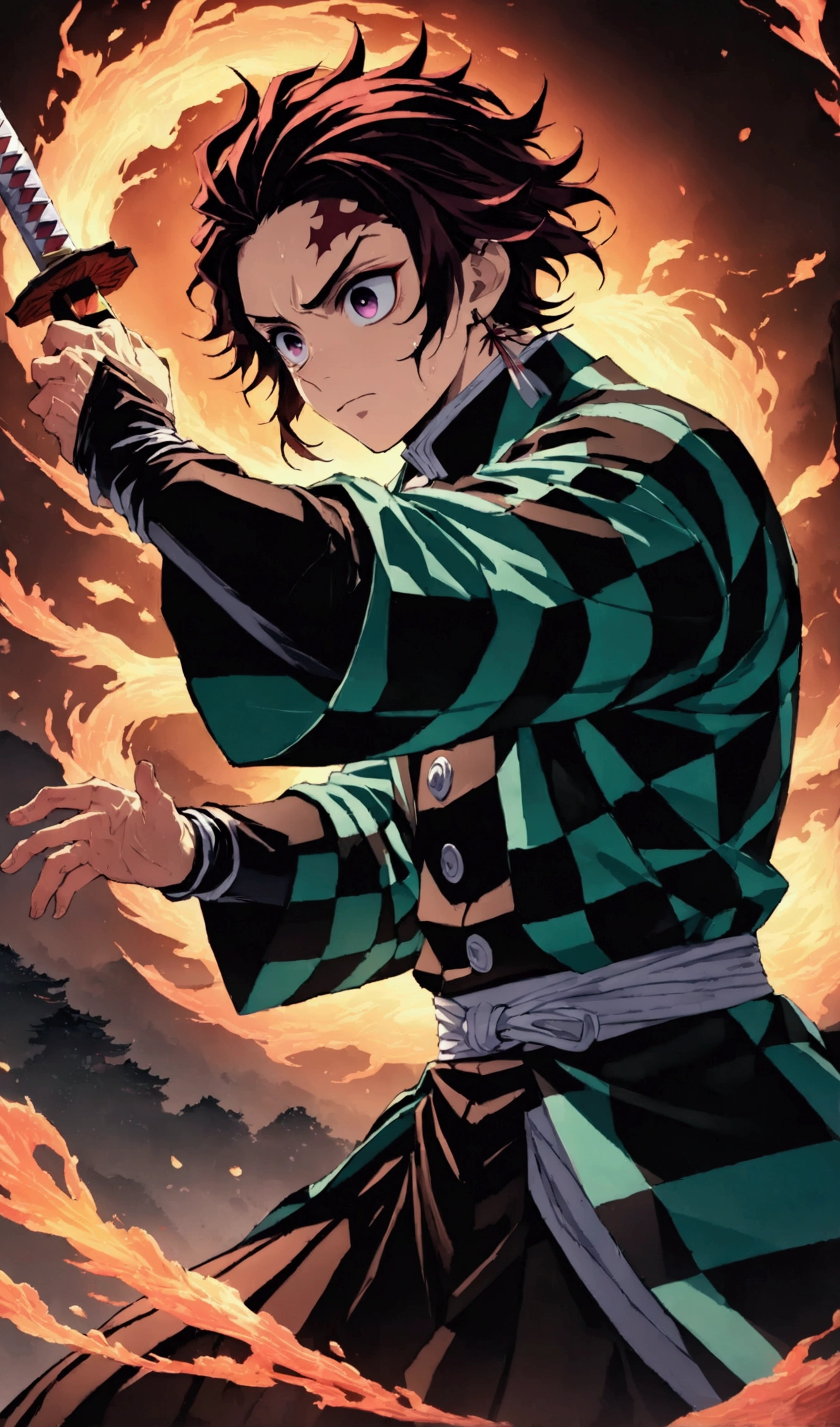 (1 male,Tanjiro Kamado),Demon slayer,Tanjiro Costume,tanjiro has a sword,Water and fire effects,Intricate details,,Decadent,artwork,rendering,Dynamic pose,(masterpiece:1.3),(highest quality:1.4),(Super detailed:1.5),High resolution,Very detailed,unity 8k wallpaper,Dark fantasy,,Glare,Fighting Style,Glare,Desperate form,BREAK,The sword is a Japanese sword,Japanese swords are straight and have a metallic luster..,Please hold the handle of the Japanese sword