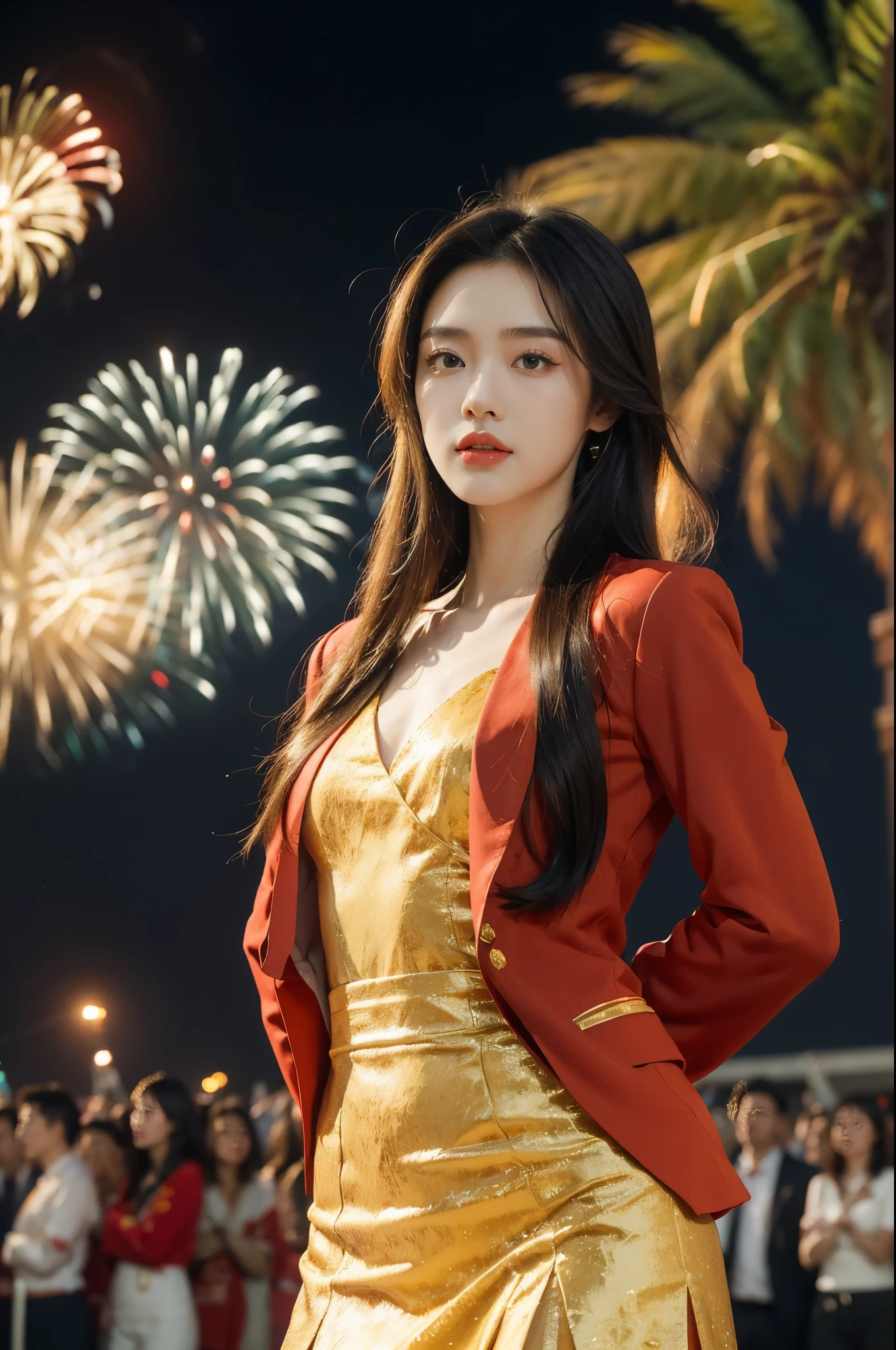 (((best quality))),(((ultra detailed))),(((masterpiece))),illustration, ((Olympic Opening Ceremony,in Paris,summer night,magnificent National stadium of France,Olympic flame, fireworks)),(crowded crowds of enthusiastic spectators:1.3),((a beautiful Chinese girl,solo)),((shoulder length straight hair:1.2)),((slim,thin)),((small breasts,flat chest)),(red blazer:1.5),(yellow dress:1.2),(slender legs:1.2),excited expression, awe, celebrating, electric atmosphere, sense of pride, excitement, playing field, crowd energy, unity, camaraderie, representing China, historic event, memorable moment,((standing,arms behind back)),((from front,upper body))
