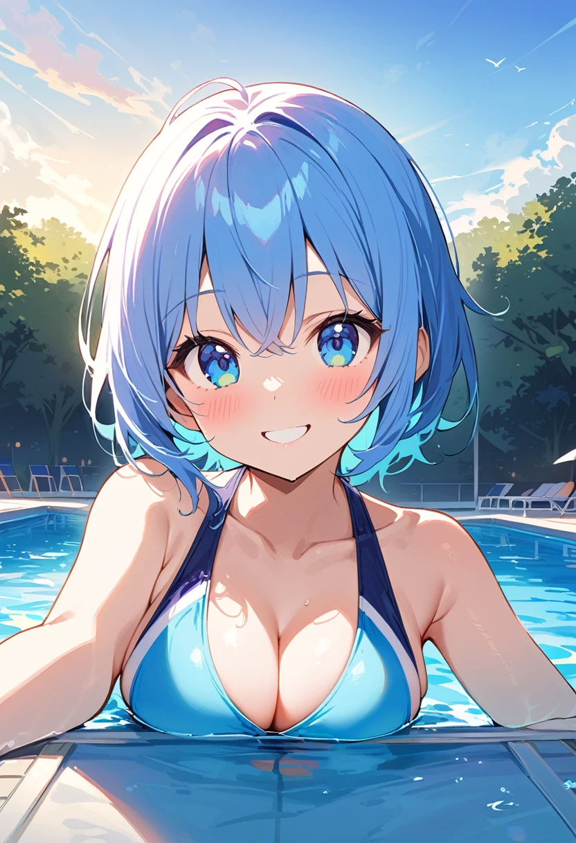 ((masterpiece)), ((best quality)), (ultra-detailed), pool, a cute girl, 1girl, solo, bikini, ((beautiful eyes)), smile