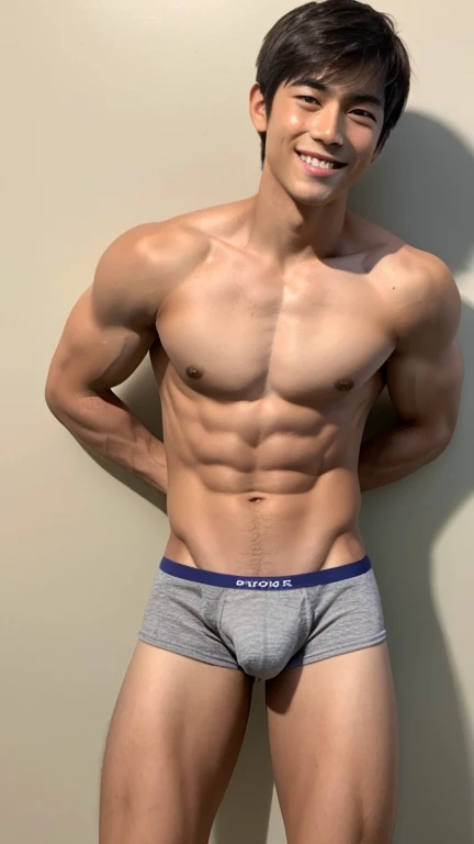 Japanese men、、Muscles and smooth skin、Very short black hair、Relaxed smile、Light-colored boxer briefs、The whole body is well visible、Pumping one&#39;s fist at the entrance
