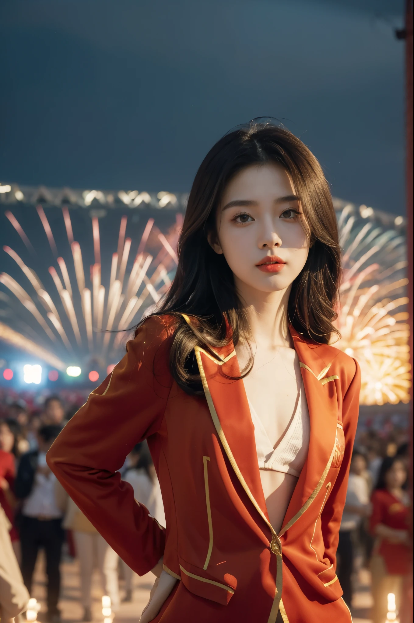 (((best quality))),(((ultra detailed))),(((masterpiece))),illustration, ((Olympic Opening Ceremony,in Paris,summer night,magnificent National stadium of France,Olympic flame, fireworks)),(crowded crowds of enthusiastic spectators:1.3),((a beautiful Chinese girl,solo)),((shoulder length straight hair:1.2)),((slim,thin)),((small breasts,flat chest)),(red blazer:1.5),(yellow dress:1.2),(slender legs:1.2),excited expression, awe, celebrating, electric atmosphere, sense of pride, excitement, playing field, crowd energy, unity, camaraderie, representing China, historic event, memorable moment,((standing,arms behind back)),((from front,upper body))
