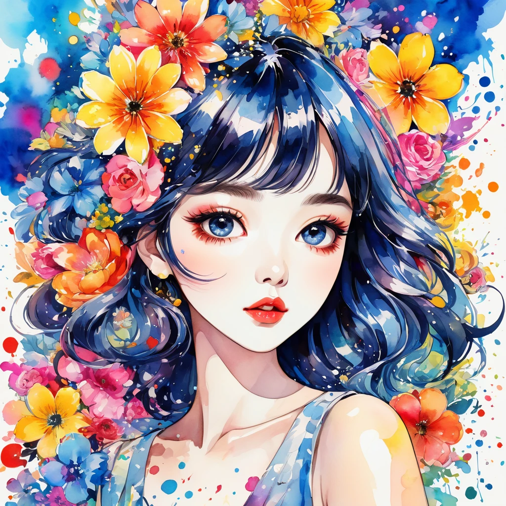 Mai Yoneyama Style、(((stylish fashion))), 8K Quality、Intense watercolor, Detailed watercolor art, Watercolor splash, Surreal, avant-garde pop art, Beautiful and expressive paintings, Beautiful artwork illustration, Very colorful tones, wonderful, Cool beauty, highest quality、Official Art, Vector art, Stylish design, (((The most beautiful girl))), (((highest quality))), HDR, ((detailed)), (((Doodle Art)), ((masterpiece)), ((Super detailed)), (((Colorful flowers))),(((Stylish))),