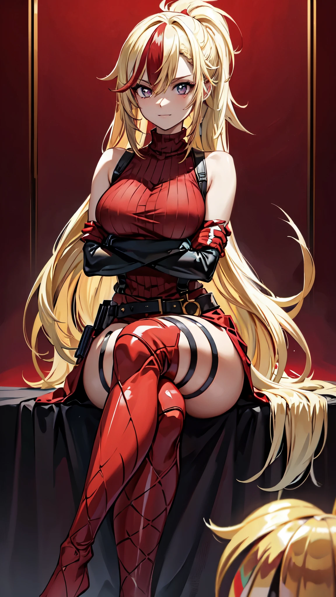 (masterpiece, best quality:1.2), red glowing eyes, red eyes, the eyes are red, perfect face, strong make up, highres, 1 girl, ultra long ponytail, (female:1.5), strife, blonde hair streaked with lots of red highlights, two colors hair (blond and red), hight flame mistress outfit, shoulder armor, sleeveless turtleneck, suspenders, belt, gloves, bracer pre potent smile, crossing legs, crossing arms , evil smile, evil pose, sitting, portrait, looking at viewer,  Her hair is streaked with lots red and blonde highlights, moon tribal tattoo.