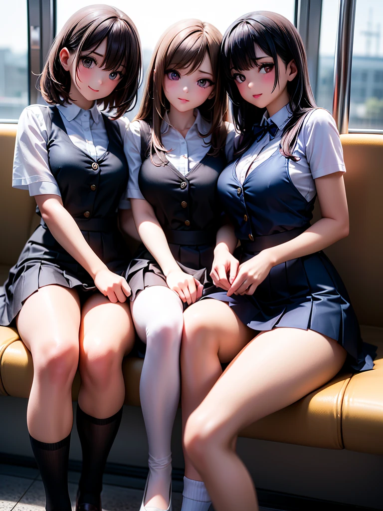 (beautiful 3girls:1.4), with long brown hair and brown eyes, looking at the viewer with a gentle smile, her bangs framing her face, wearing a white collared shirt and a pleated blue skirt, sitting on train station as the sun sets in the background, her friends with black and brown hair sitting beside her, all wearing similar outfits with striped socks and pleated skirts, their hands raised in a friendly gesture, flying sweat drops adding to the lively, energetic atmosphere, (3girls:1.4), (best quality,8k,highres,masterpiece:1.2),ultra-detailed,(realistic,photorealistic,photo-realistic:1.37),studio lighting,vivid colors,physically-based rendering,professional,extremely detailed eyes and face,longeyelashes,beautiful detailed eyes,beautiful detailed lips, เปิดกระโปรง, กางเกงในสีขาว,