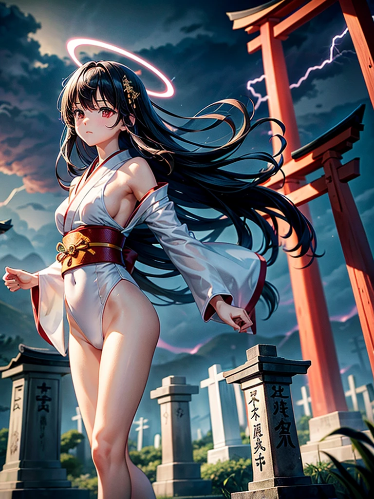 Highest Resolution,Highest quality,A beautiful girl with no expression in a white kimono leotard,(((No legs))),High leg,Floating in the air,Very beautiful red eyes,Black hair semi-long hair,Halo,thunderstorm,Bad weather,Japanese Cemeteries,A road lined with gravestones,１Two Red Torii Gates,Company,Bamboo grove,lightning,Lightning strikes,whole body,up,front,