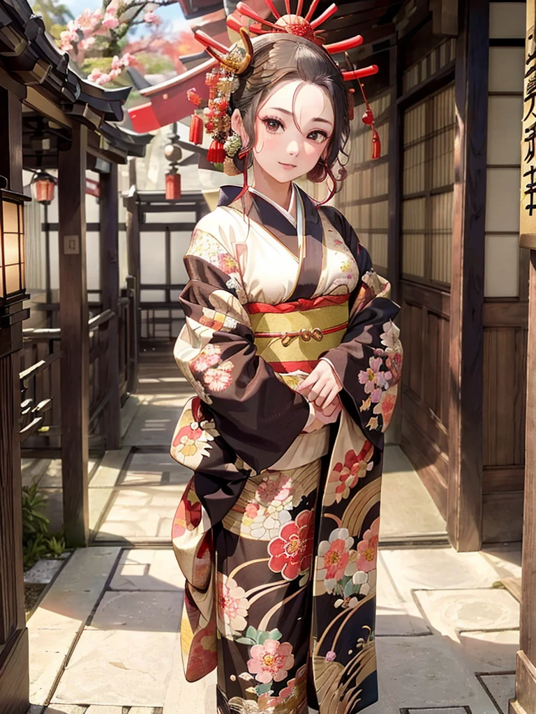 (Oiran:1.4)、1girl in,Braided hair、disheveled hair、Light brown eyes extraordinary beauty)、(dignified expression)、(Traditional kimono with colorful and shiny luxury Japan:1.4)、(:1.4)、(Photorealsitic)、(intricate detailes:1.2)、(masterpiece、:1.3)、(top-quality:1.4)、(超A high resolution:1.2)、超A high resolution、(A detailed eye)、(detailed facial features)、Wearing kimono_great night of clothes:1.4)、cherry tree moon、Five-storied Pagoda、Japan Temple ,(masterpiece, best quality:1.2), cute,(Woman of) unsurpassed beautyglitter background
Spectacular view
One beautiful girl in a thousand years,cutesmile