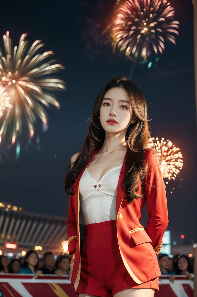 (((best quality))),(((ultra detailed))),(((masterpiece))),illustration, ((Olympic Opening Ceremony,in Paris,summer night,magnificent National stadium of France,Olympic flame, fireworks)),(crowded crowds of enthusiastic spectators:1.3),((a beautiful Chinese girl,solo)),((shoulder length straight hair:1.2)),((slim,thin)),((small breasts,flat chest)),(red blazer:1.5),(yellow dress:1.2),(slender legs:1.2),excited expression, awe, celebrating, electric atmosphere, sense of pride, excitement, playing field, crowd energy, unity, camaraderie, representing China, historic event, memorable moment,((standing,arms behind back)),((from front,upper body))