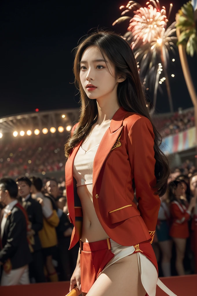 (((best quality))),(((ultra detailed))),(((masterpiece))),illustration, ((Olympic Opening Ceremony,in Paris,summer night,magnificent National stadium of France,Olympic flame, fireworks)),(crowded crowds of enthusiastic spectators:1.3),((a beautiful Chinese girl,solo)),((shoulder length straight hair:1.2)),((slim,thin)),((small breasts,flat chest)),(red blazer:1.5),(yellow dress:1.2),(slender legs:1.2),excited expression, awe, celebrating, electric atmosphere, sense of pride, excitement, playing field, crowd energy, unity, camaraderie, representing China, historic event, memorable moment,((standing,arms behind back)),((from front,upper body))