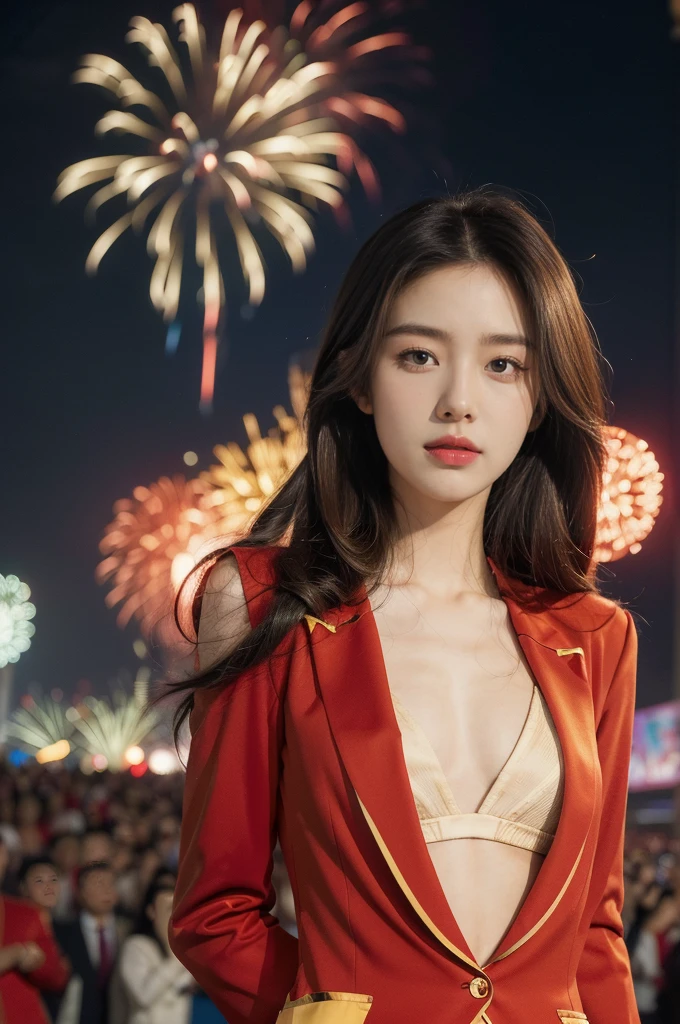 (((best quality))),(((ultra detailed))),(((masterpiece))),illustration, ((Olympic Opening Ceremony,in Paris,summer night,magnificent National stadium of France,Olympic flame, fireworks)),(crowded crowds of enthusiastic spectators:1.3),((a beautiful Chinese girl,solo)),((shoulder length straight hair:1.2)),((slim,thin)),((small breasts,flat chest)),(red blazer:1.5),(yellow dress:1.2),(slender legs:1.2),excited expression, awe, celebrating, electric atmosphere, sense of pride, excitement, playing field, crowd energy, unity, camaraderie, representing China, historic event, memorable moment,((standing,arms behind back)),((from front,upper body))