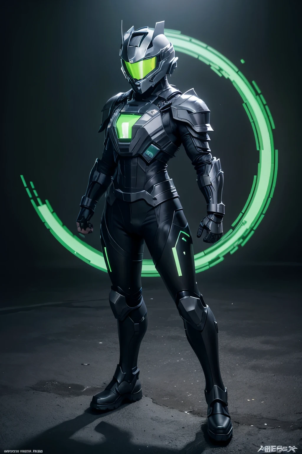 Create a pixel art armor inspired by the third division staff from the anime "Kaiju No. 8". The resolution should be 128x128. The armor should be dark grey with bright green accents. The helmet should have a sleek design with a glowing visor. The chest plate should have well-defined lines and additional panels. The shoulder pads should be massive and the arms should have functional-looking protective plates. The legs should feature kneepads and sturdy boots. Ensure the design has a pixel art style with a clear silhouette and shading for volume.