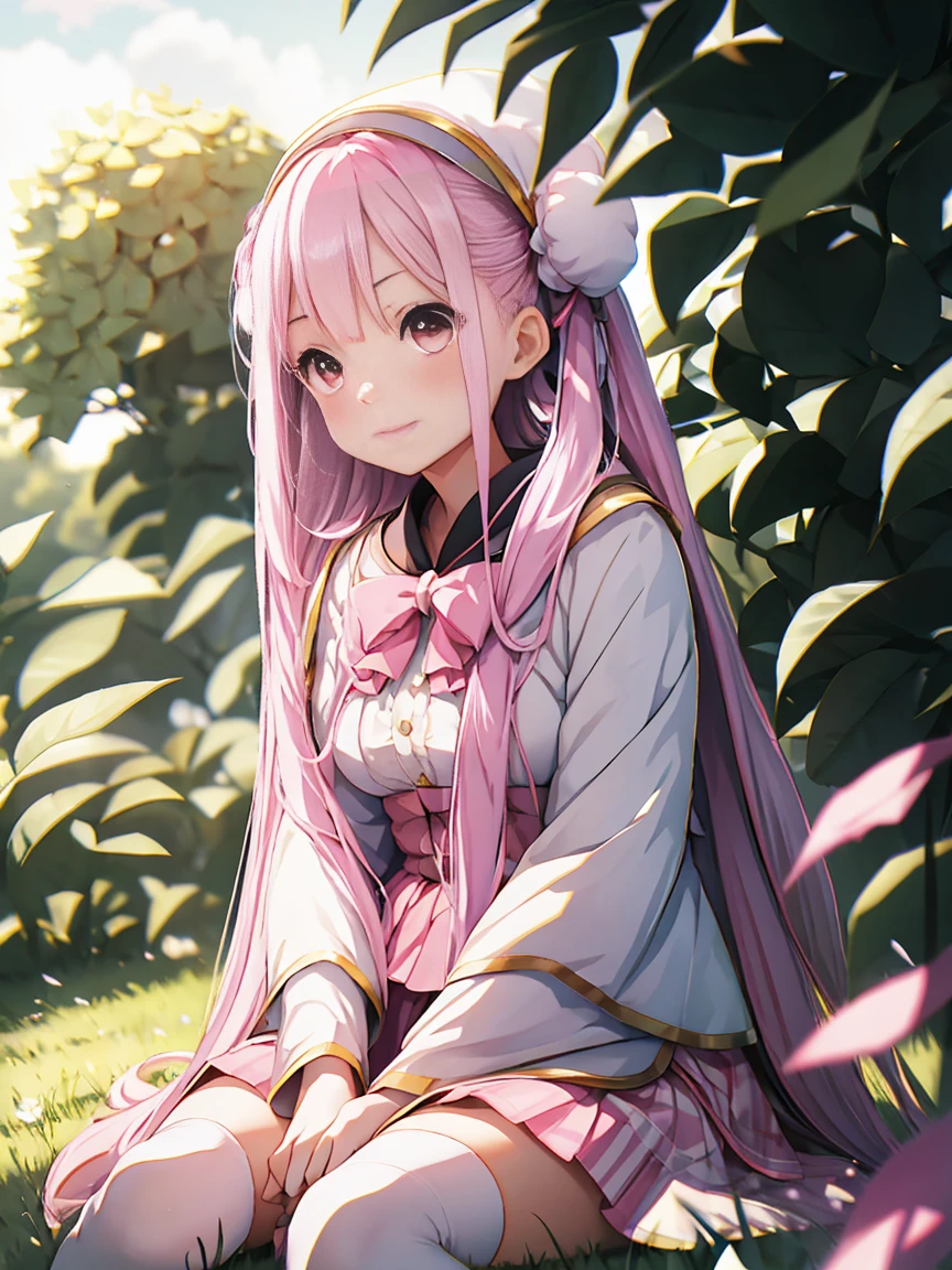 Highest quality、8Kmasterpiece、Draw a detailed face、Childish girl、pink lolita outfit、(((whole body)))、Cute pose、Professional Lighting、Happy expression、Shiny black hair、Perfect Anatomy、Sitting in a green meadow,Sitting Girl,masterpiece, Highest quality, High resolution, {finelyて美しい目}, finely, finelyて美しい目,1 girl, (alone:1.5), (Hair Ribbon:0.4), Pink Eyes,Movie angle,perspective,White bun hair,Long pink hair,
