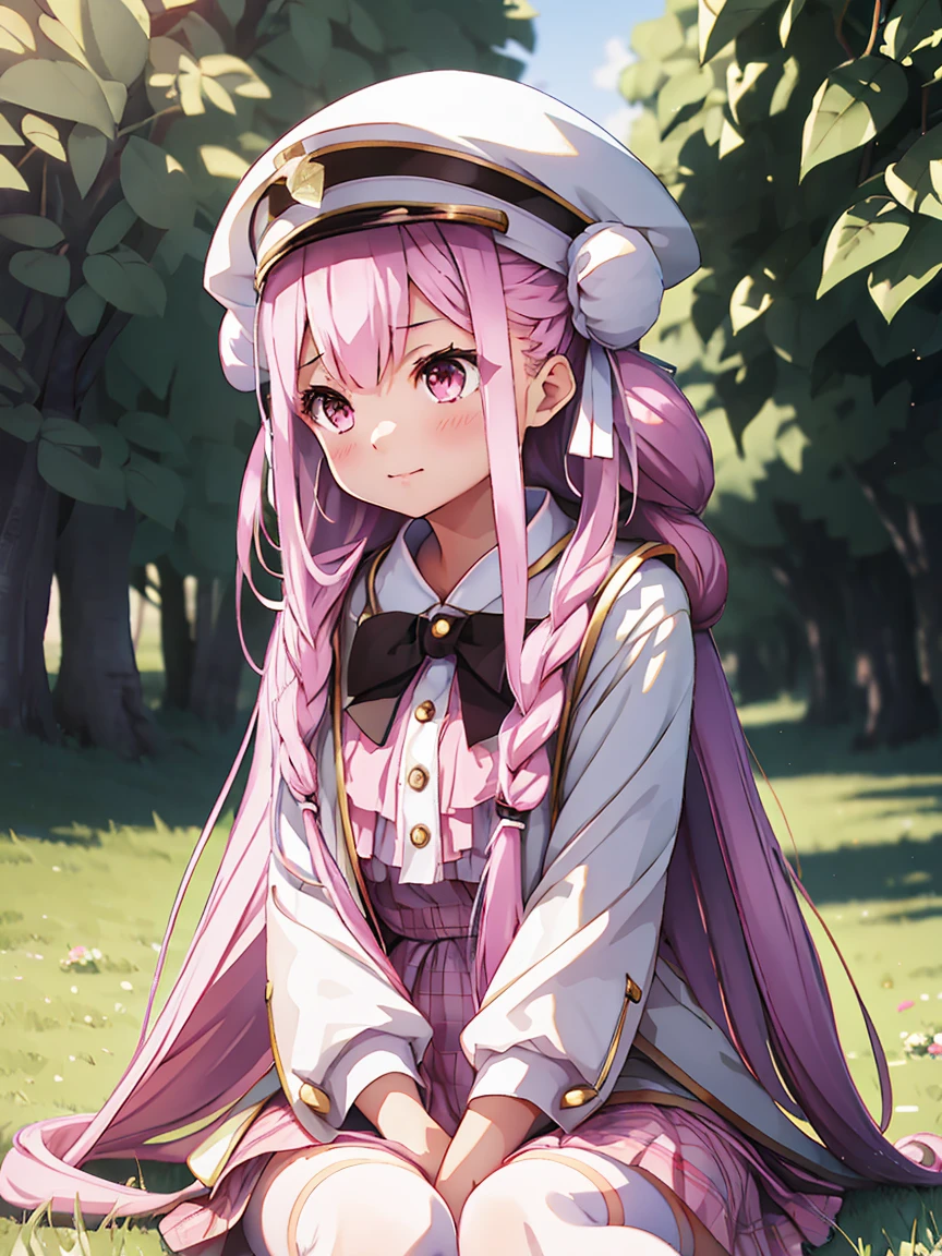 Highest quality、8Kmasterpiece、Draw a detailed face、Childish girl、pink ta outfit、(((whole body)))、Cute pose、Professional Lighting、Happy expression、Shiny black hair、Perfect Anatomy、Sitting in a green meadow,Sitting Girl,masterpiece, Highest quality, High resolution, {finelyて美しい目}, finely, finelyて美しい目,1 girl, (alone:1.5), (Hair Ribbon:0.4), Pink Eyes,Movie angle,perspective,White bun hair,Long pink hair,