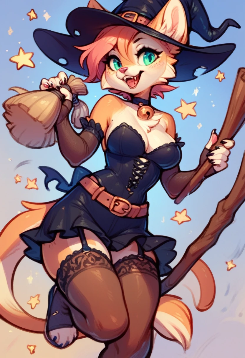 A anthropomorphic black cat with a witch hat and outfit holding a broom