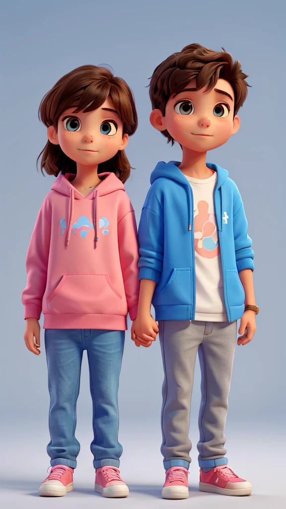 boy and girl holding hands. The boy in the blue sweatshirt and the name Abel and the girl in the pink sweatshirt with the name Estela