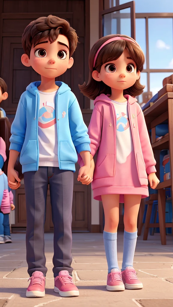 boy and girl holding hands. The boy in the blue sweatshirt and the name Abel and the girl in the pink sweatshirt with the name Estela