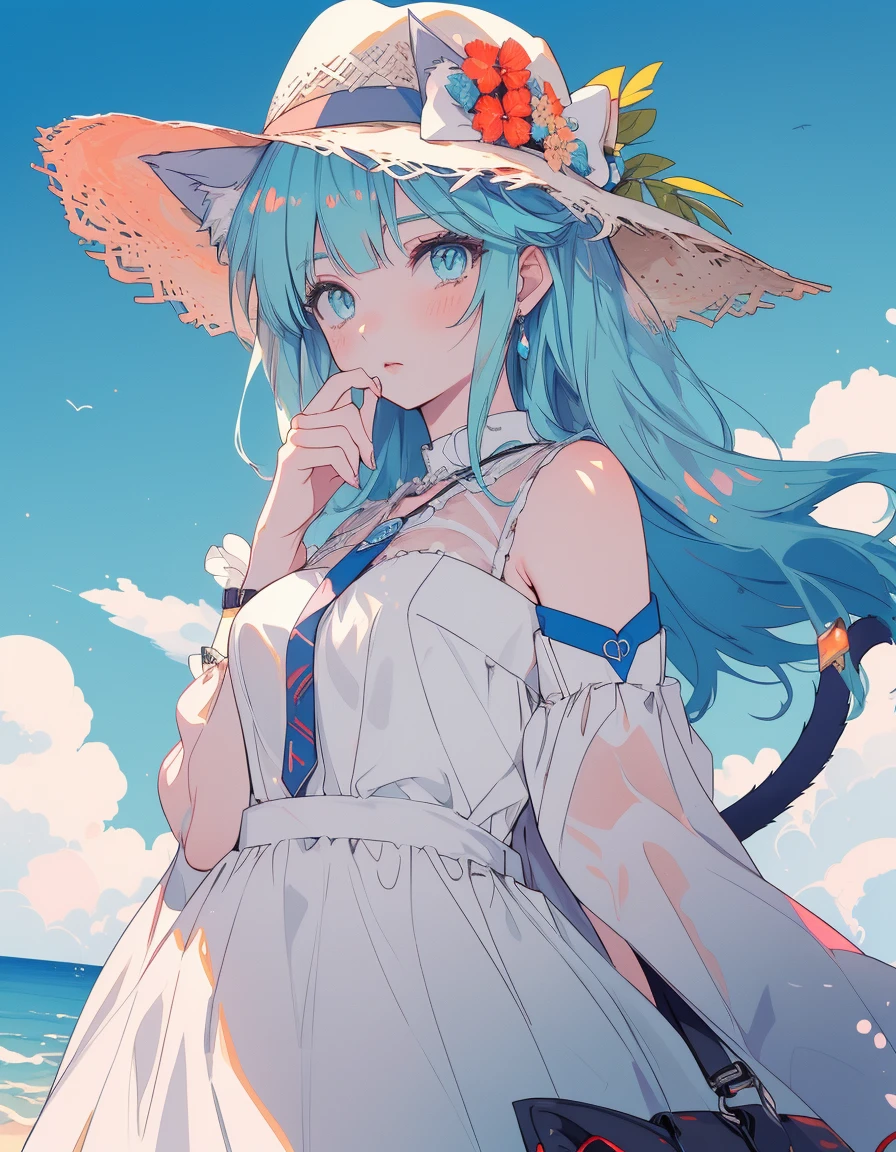 cowboy hat, full body, ((masterpiece, best quality:1.5)), ((Beautiful detailed cat aqua eyes:1.2)), cat ears, pale skin, medium breasts, beautiful hands, beautiful fingers, EasyNegative