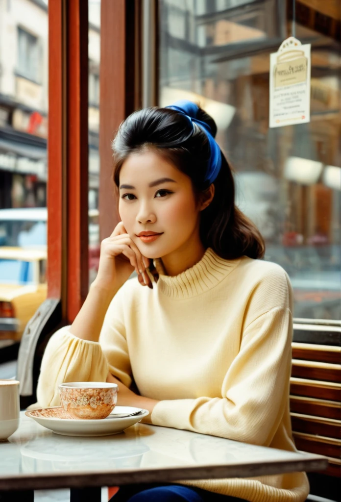 Candid, Photo of a window of a cafe, inside the window is a beautiful young asian woman in the 1970s, with her hair and clothing from the 1970s, the woman is sitting at a table with a cup of coffee and a plate of breakfast on the table, (((the shot was taken from the outside of the cafe))), full color with a cinematographic lighting, high definition professional photography style ,photorealistic