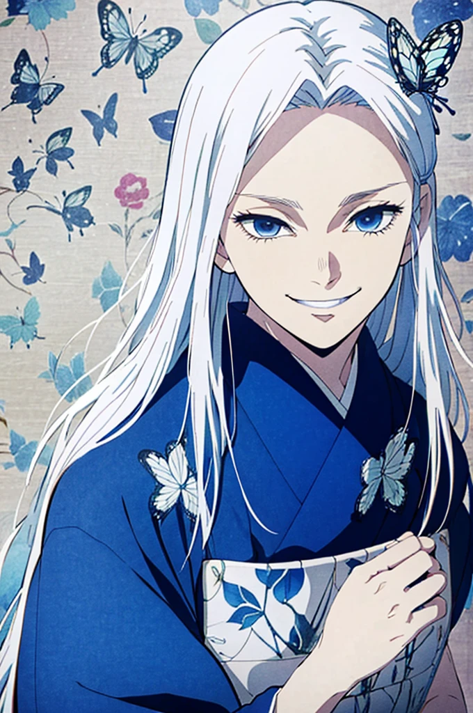 White hair, Long straight hair, Blue eyes, beautiful girl, Blue kimono, Howry Bronco, The day, He smiles, Focus on the face, He smiles, Butterfly hair pin, Japanese house wallpaper