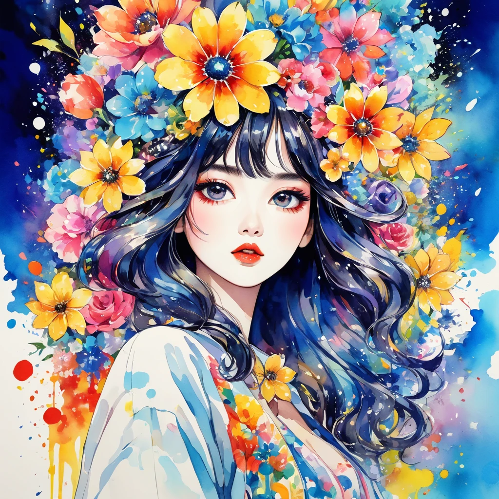 Mai Yoneyama Style、(((stylish fashion))), 8K Quality、Intense watercolor, Detailed watercolor art, Watercolor splash, Surreal, avant-garde pop art, Beautiful and expressive paintings, Beautiful artwork illustration, Very colorful tones, wonderful, Cool beauty, highest quality、Official Art, Vector art, Stylish design, (((The most beautiful girl))), (((highest quality))), HDR, ((detailed)), (((Doodle Art)), ((masterpiece)), ((Super detailed)), (((Colorful flowers))),(((Stylish))),