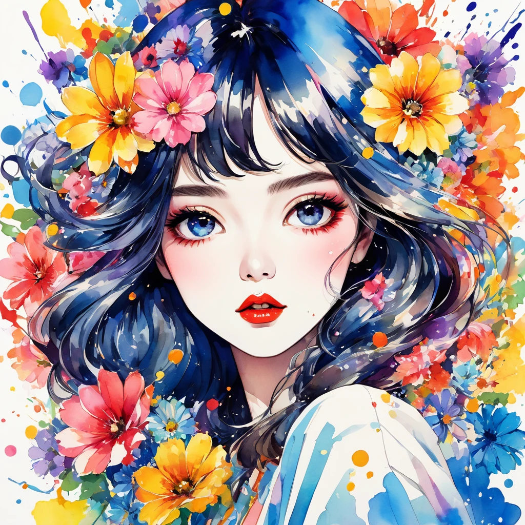 Mai Yoneyama Style、(((stylish fashion))), 8K Quality、Intense watercolor, Detailed watercolor art, Watercolor splash, Surreal, avant-garde pop art, Beautiful and expressive paintings, Beautiful artwork illustration, Very colorful tones, wonderful, Cool beauty, highest quality、Official Art, Vector art, Stylish design, (((The most beautiful girl))), (((highest quality))), HDR, ((detailed)), (((Doodle Art)), ((masterpiece)), ((Super detailed)), (((Colorful flowers))),(((Stylish))),