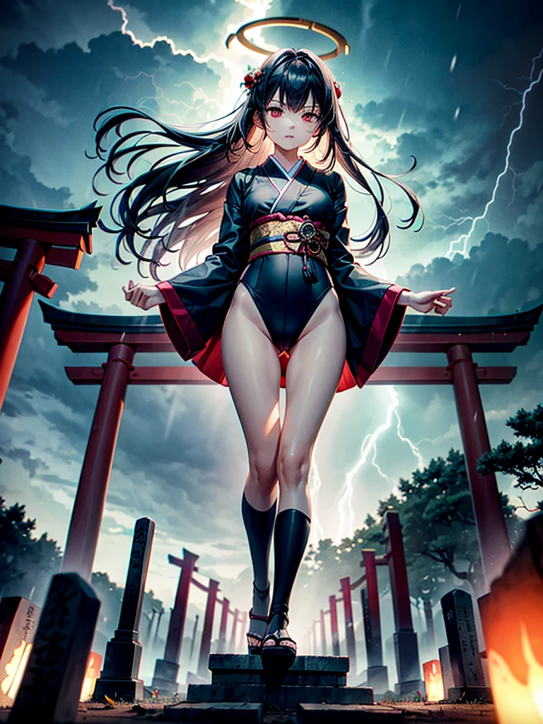 Highest Resolution,Highest quality,A beautiful girl with no expression in a black kimono leotard,(((No legs))),High leg,Floating in the air,Very beautiful red eyes,Black hair semi-long hair,Halo,thunderstorm,Bad weather,Japanese Cemeteries,A road lined with gravestones,1Two Red Torii Gates,Company,Bamboo grove,lightning,Lightning strikes,whole body,up,front,