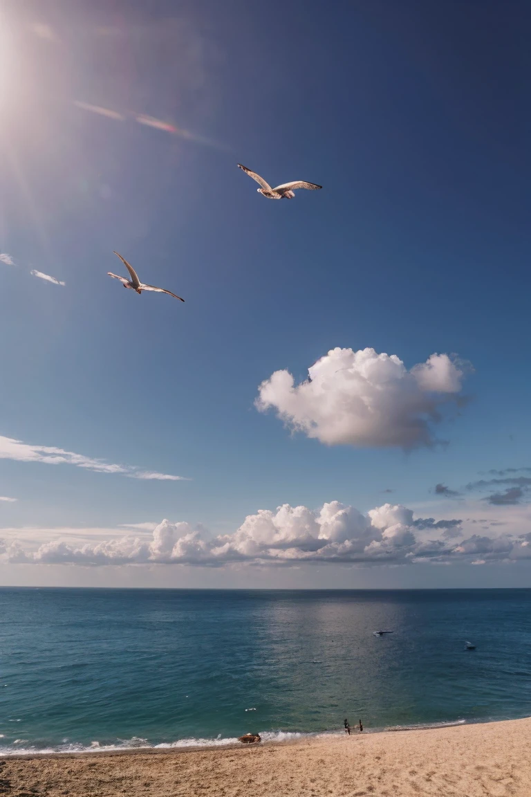 cinematic landscape, serene ocean, beach with seagulls, remote tropical island, people in boat on distant horizon, dramatic lighting, vibrant colors, photorealistic, 8k, best quality, masterpiece, highly detailed, hyper realistic