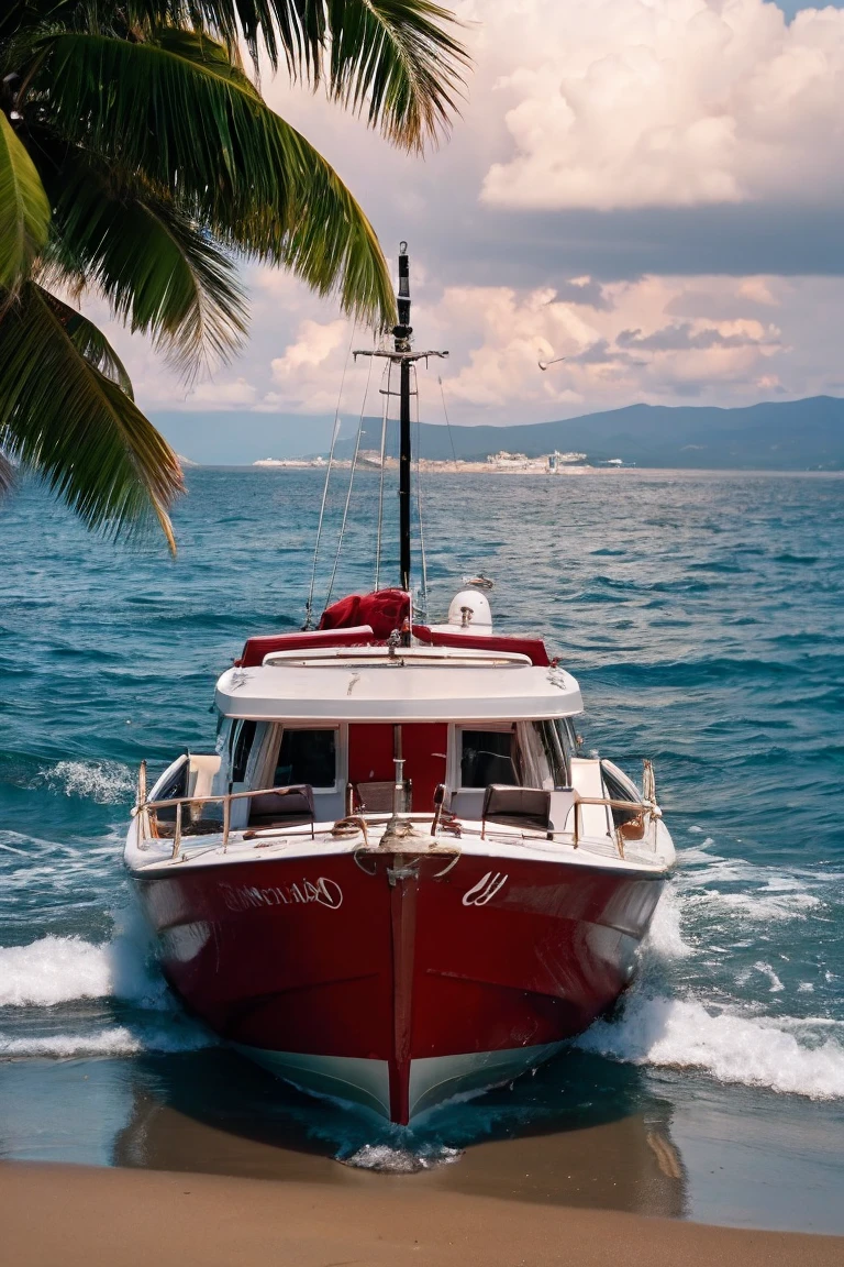 cinematic landscape, serene ocean, beach with seagulls, remote tropical island, people in boat on distant horizon, dramatic lighting, vibrant colors, photorealistic, 8k, best quality, masterpiece, highly detailed, hyper realistic