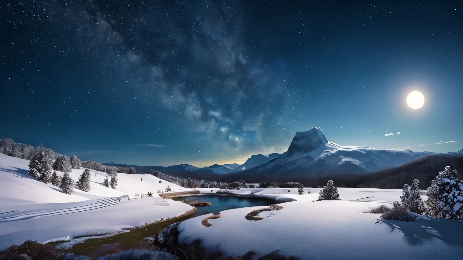 (Realistic, Photorealistic:1.4), Beautiful illustration, Guiana Highlands, Snow Scene, starry sky, full moon