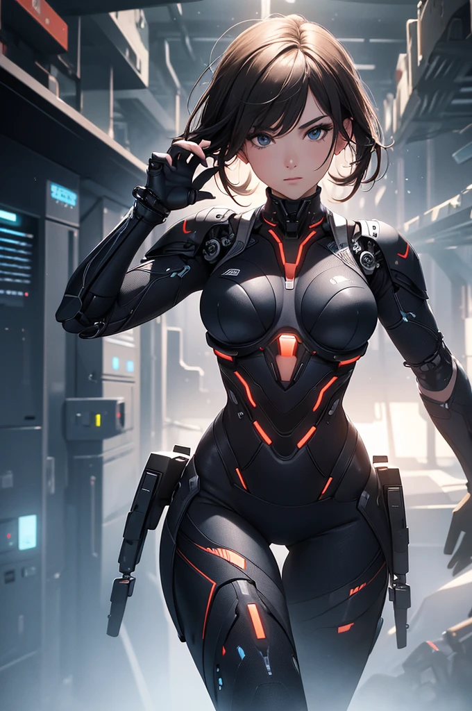 ultra-high resolution, best qualityer, photoshot, 8k, realisitic, UTOPIC TECHNOLOGICAL LANDSCAPE, WITH SENSUAL BIONIC MERCENARY